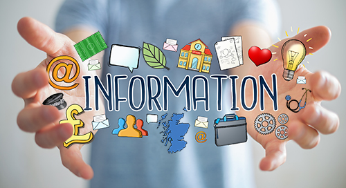 Hands holding various graphic representations of information that might be requested through FOI, including documents, medical information, financial information and information about the police.